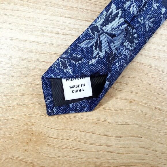 BAR III Mens Neck Tie Blue Floral Skinny Slim Pointed Woven Textured Silk Blend - Picture 2 of 4